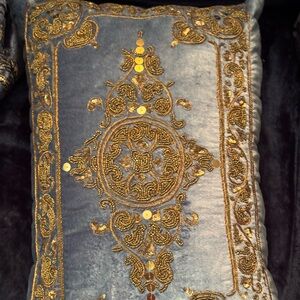 Elegant Blue and Gold Embroidered Pillow